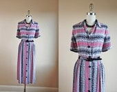 1940s Dress - Vintage 40s Dress - Pink Black Grey Rayon Print XL XXL - Leafshadow