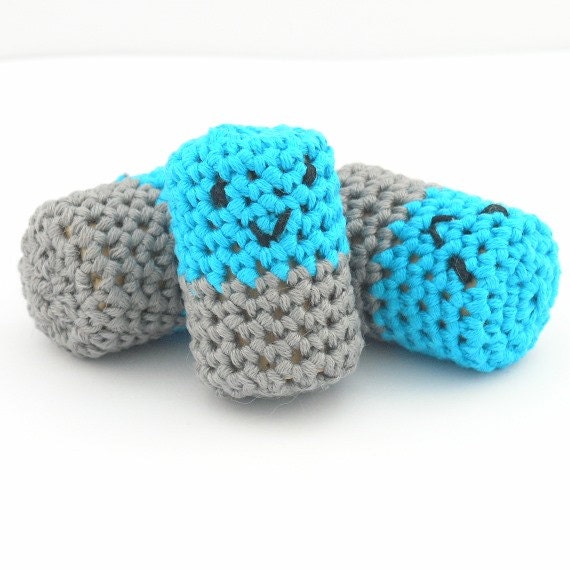 chill pills cat toys - cork and crochet - amigurumi - blue and grey - set of three