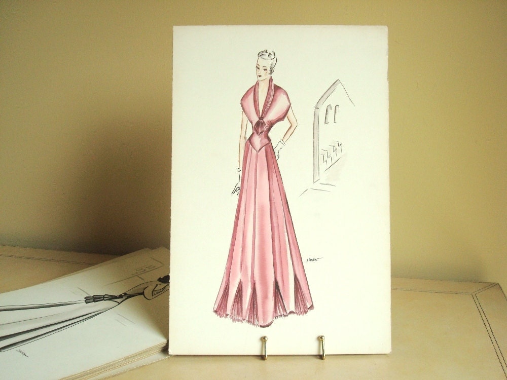 Original 1940s fashion illustration, Pink Jabot, watercolor & ink drawing