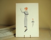 Hand-drawn 1948 fashion illustration, Transition, original watercolor & ink