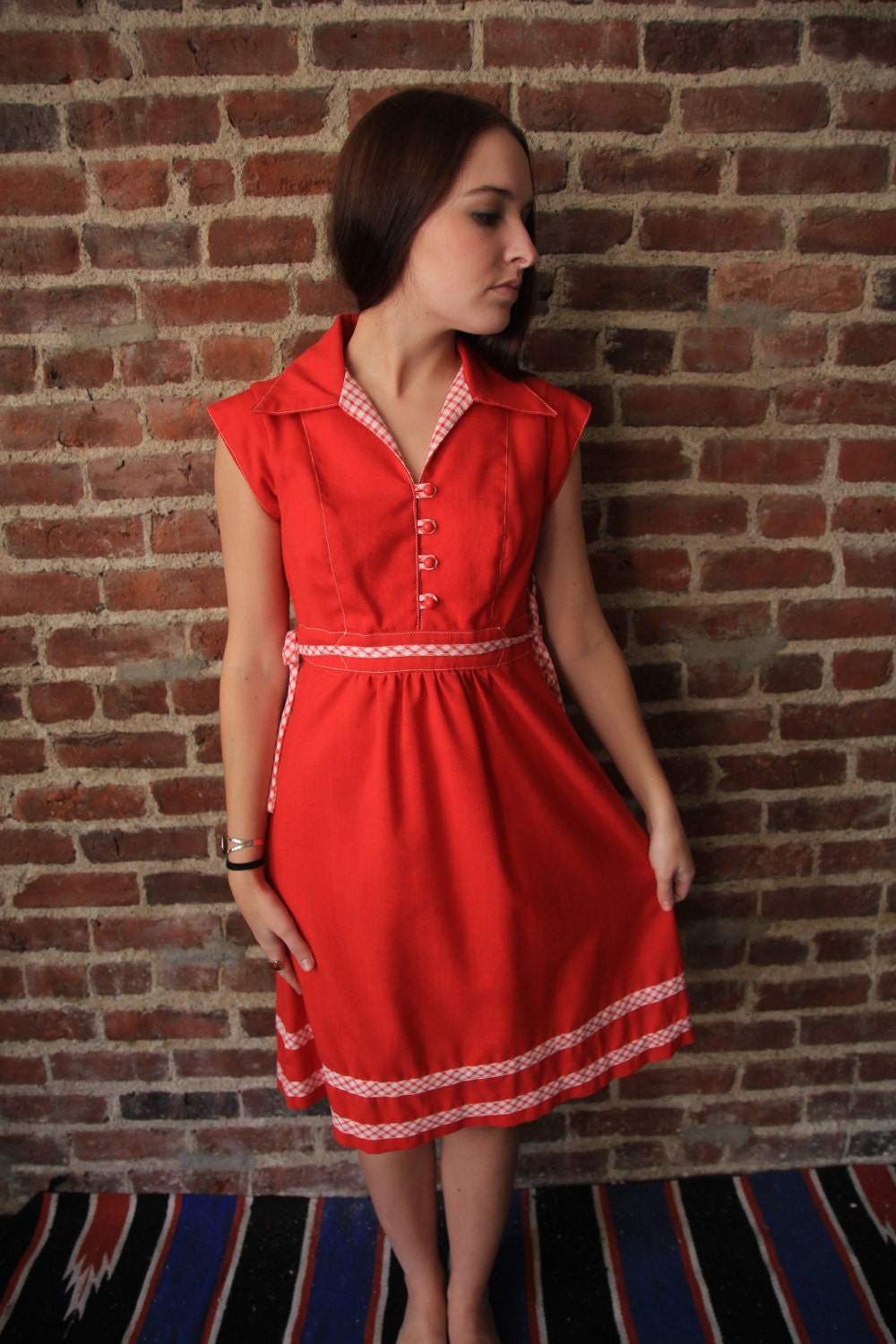 DAISY MAE - Adorable 60s Red Picnic Day Dress Gingham Trim Details Small