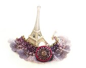 Crochet bracelet with lace, vintage-style. Violet, purple, decorated with beads and antique gold rose - Artanika