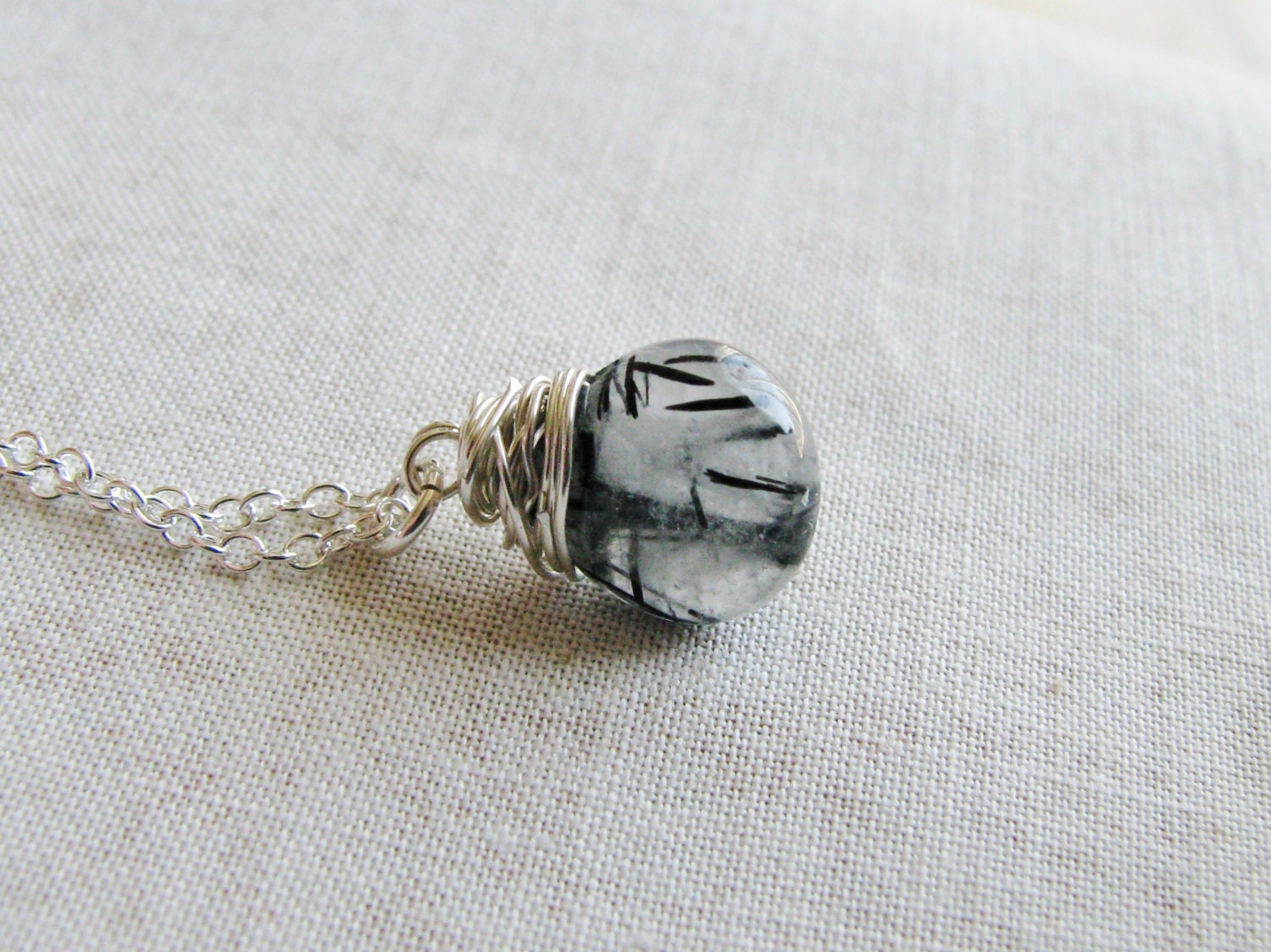 Black Rutilated Quartz Necklace Wire Wrapped Stone Sterling Silver Jewelry Bridal Briolette Minimalist Modern Fresh Fashion