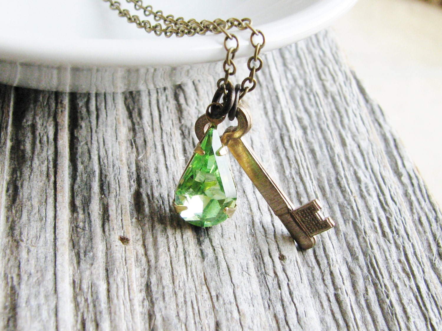 Jewel Charm Necklace Vintage Style Cut Glass Jewel Teardrop August Birthday Brass Key Peridot Green Glass Gem Minimalist Bridal Jewelry