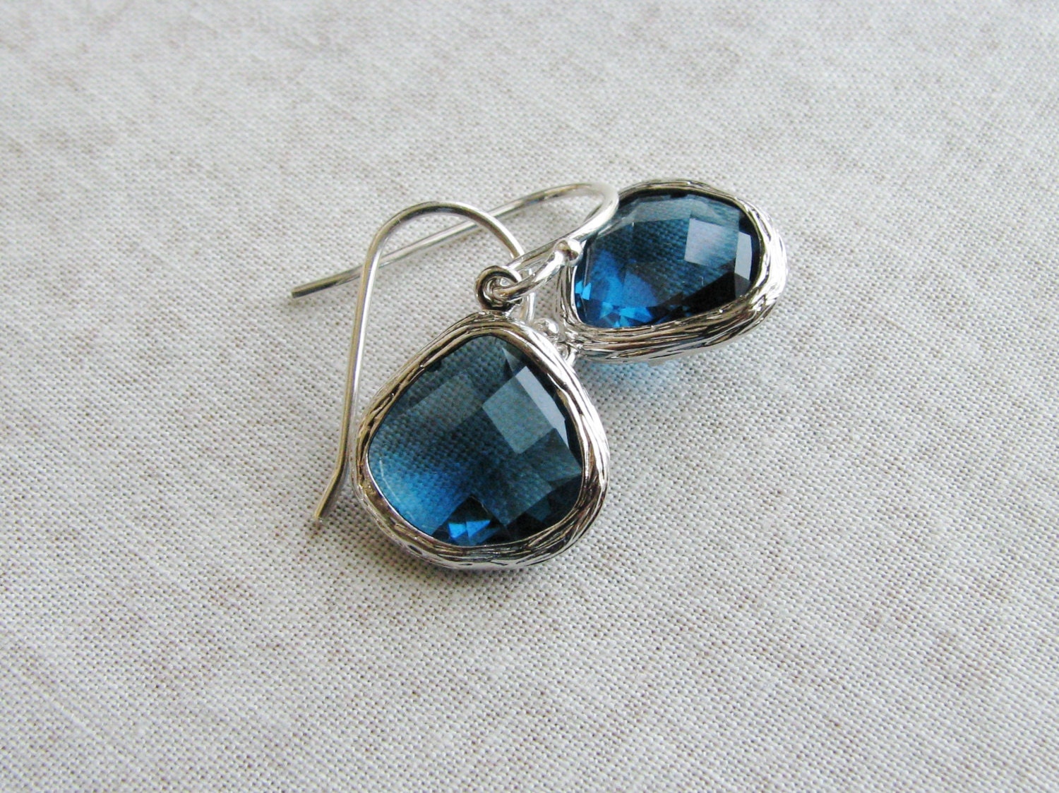 Bezeled Glass Earrings Sapphire Blue Framed Teardrop Briolette Minimalist Modern September Birthday Bridal Jewel Sterling Silver Earrings
