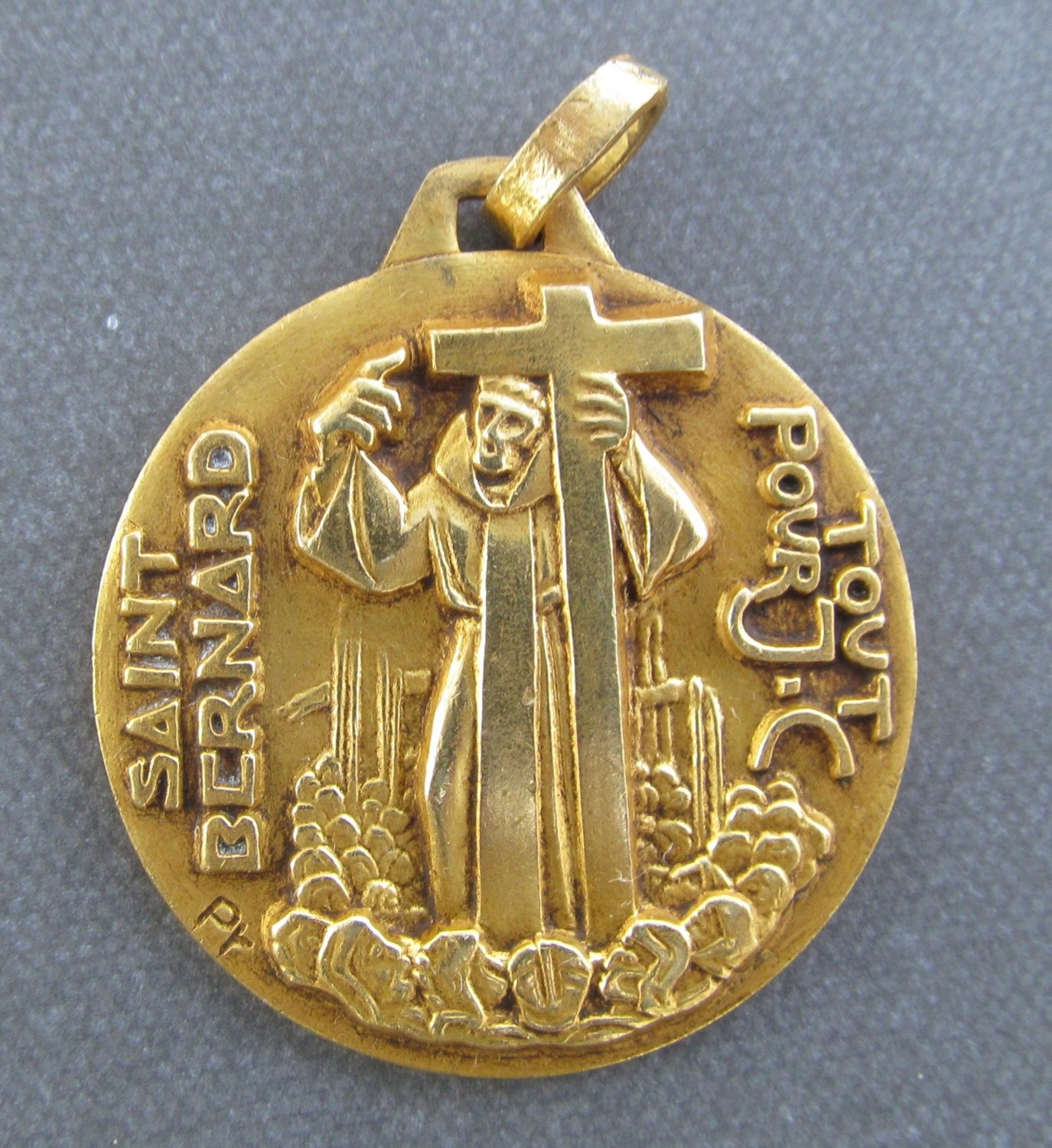 Saint Bernard Antique Religious Medal French Gold Plated Catholic Pendant By Fernand Py SS442