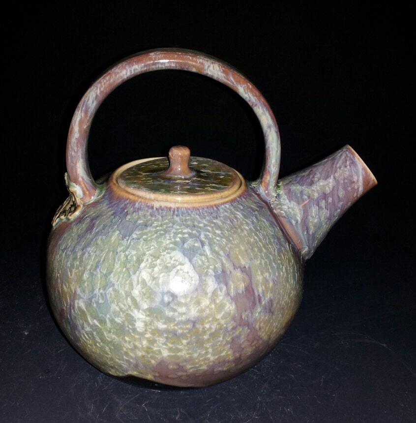 Incedible Green over Purple Crystalline and Black Glazed Art Nouveau Lady Stamped Porcelain Teapot