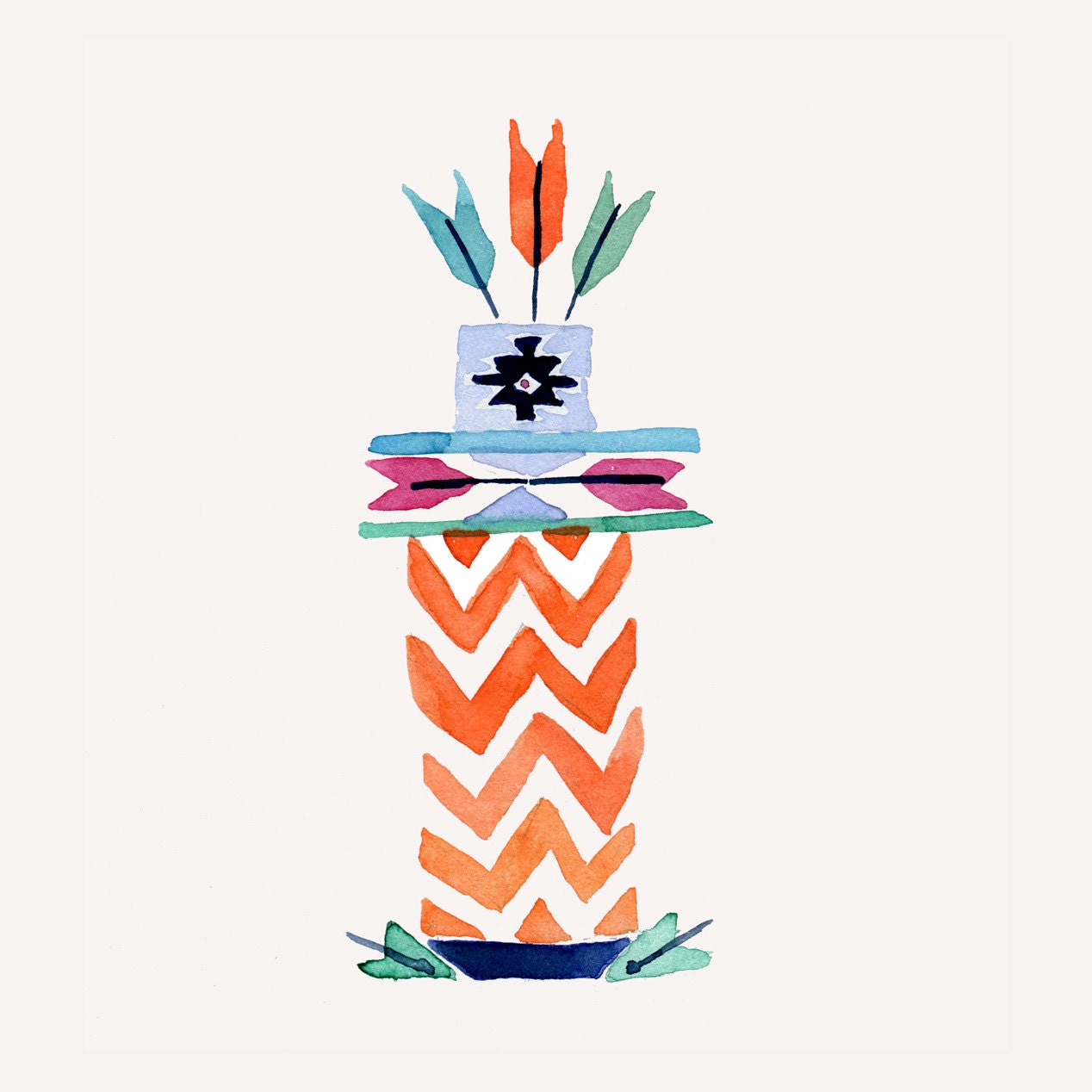 Totem 5 arrows, art print of  original watercolor painting, Folk art, tribal,  geometric, wall decor, nursery decor, Southwest, boys