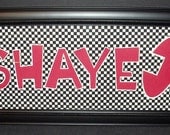 Boys Name Sign Frame - Race Car Mechanic Theme - Checkered Flag - 8x20 Deluxe Frame Included