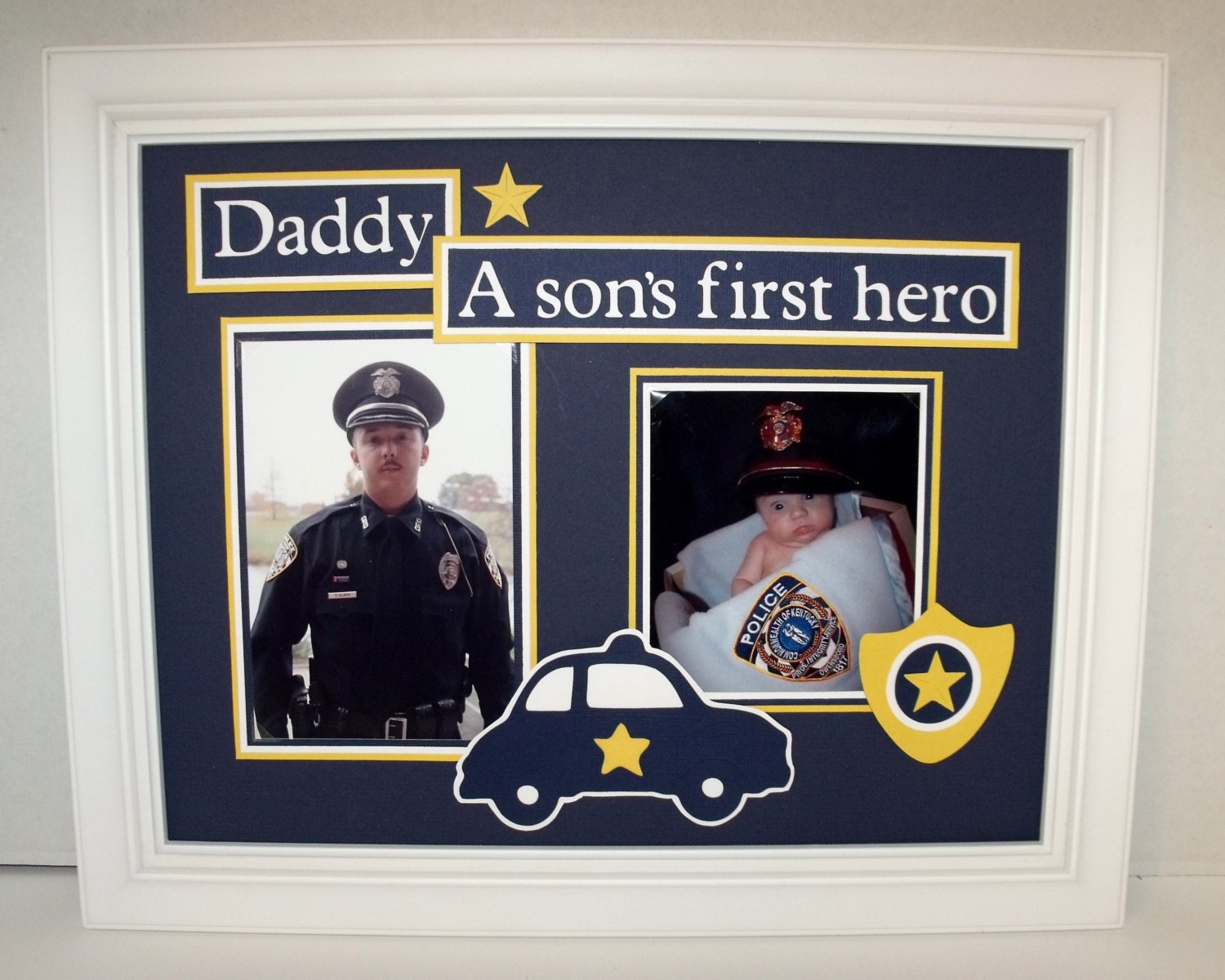 Daddy Father Son Picture Frame - A Son's First Hero Police Theme - Deluxe 11x14 Frame Included - You Choose Frame color