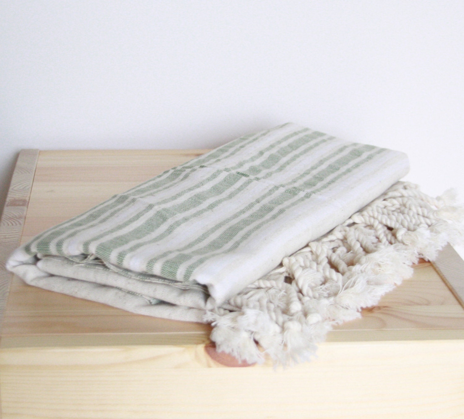 Bath Towel / Beach Towel , Turkish Bath Towel...Linen - Cotton PESHTEMAL Cream-Green