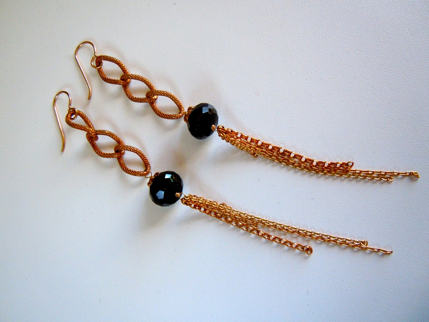 Boho Black Onyx and Vintage Brass Tassle Earrings