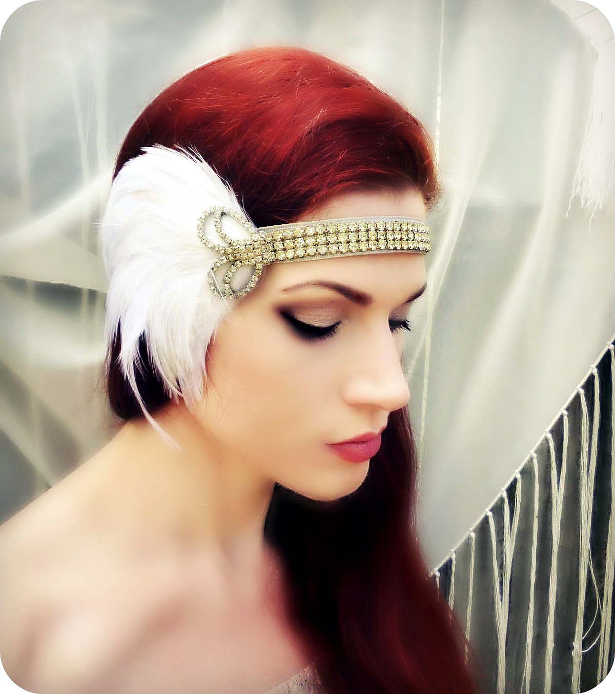 Great Gatsby Headband - Art Deco Flapper Headpiece - White Feather Vintage Rhinestone 1920s 1930s Headdress