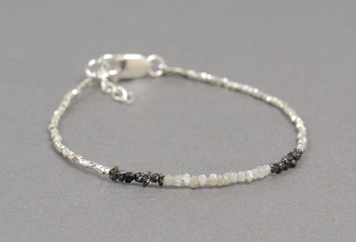 Rough black and white  Diamond with  sterling silver beads  bracelet