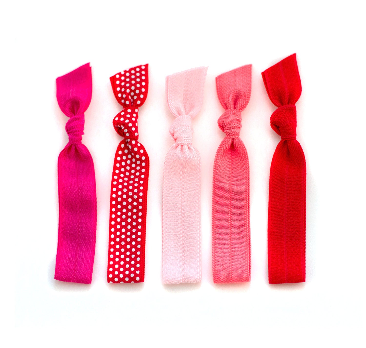 The Amore Package - 5 Elastic Red Pink Polka Dot Solid Color Hair Ties that Double as Bracelets by Mane Message on Etsy