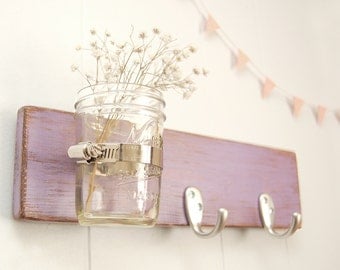 wall key rack wood mason jar - purple lilac - silver hooks