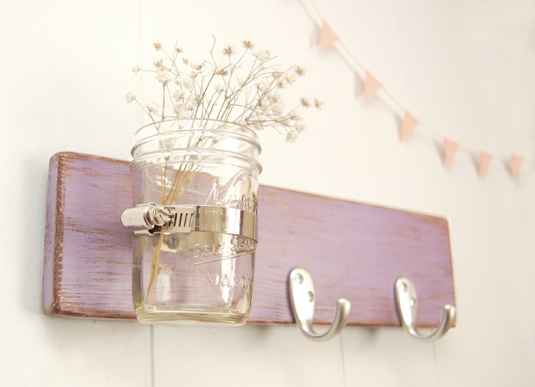wall key rack wood mason jar - purple lilac - silver hooks