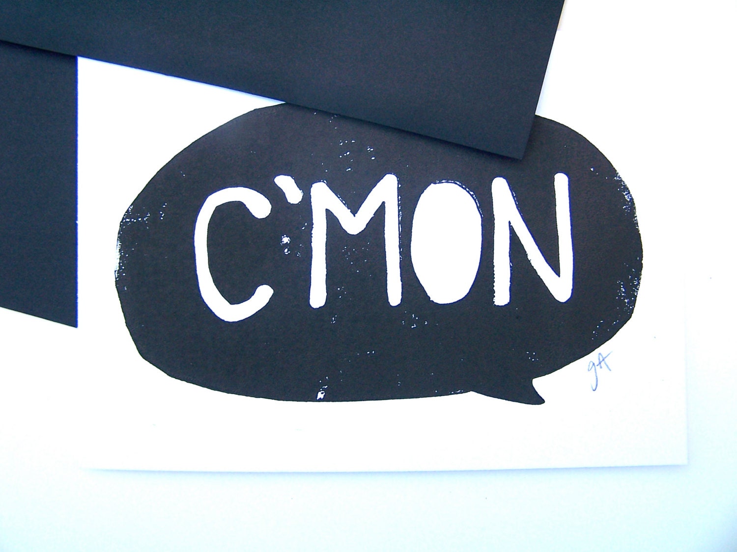 CARD -  c'mon - BLACK LINOCUT greeting card