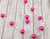 Necklace and Earring Set - Bright Pink Glass Pearls with Aurora Borealis Glass Beads - Fuchsia - Hot Pink