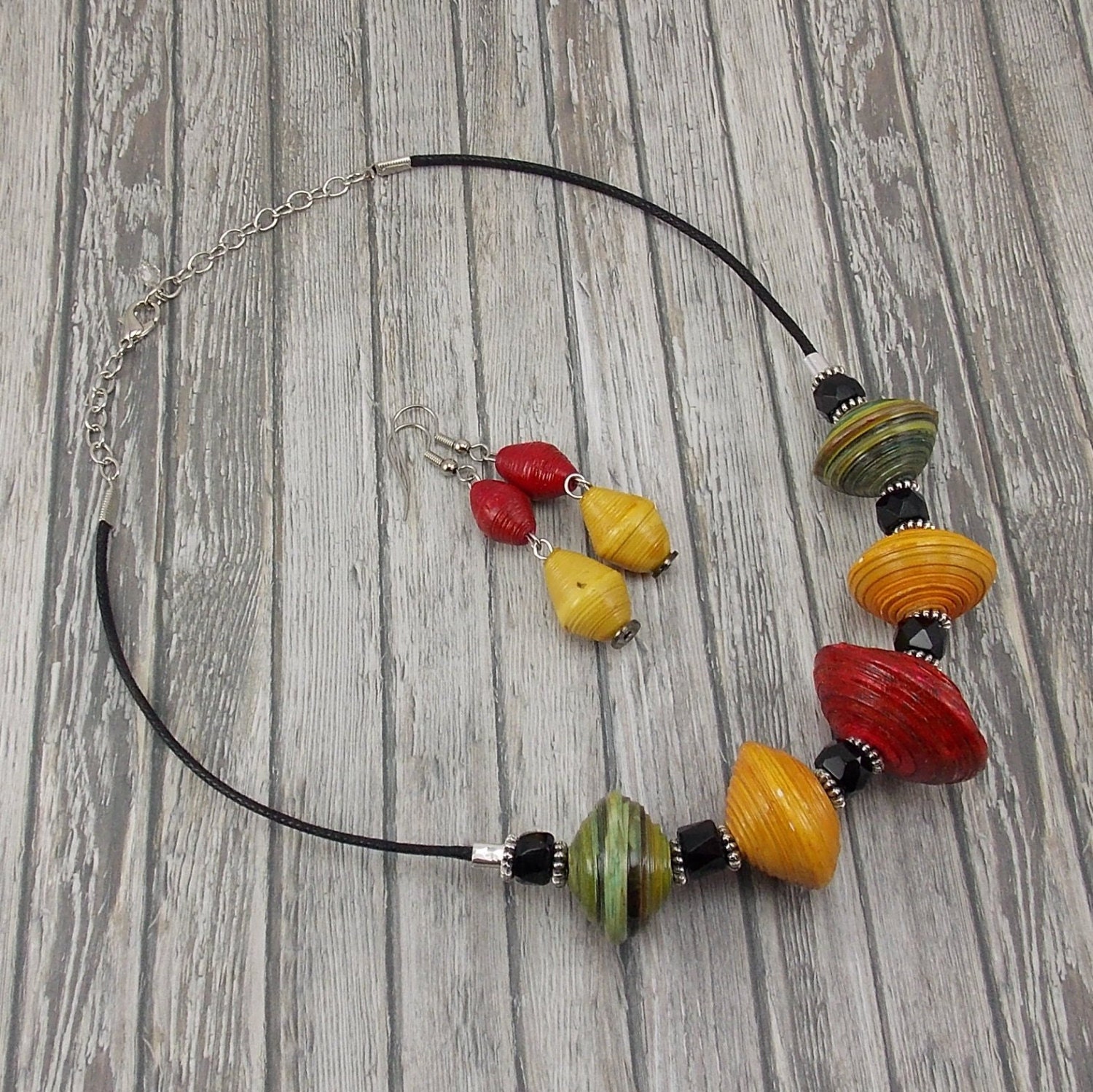 Paper Bead Necklace and Earring Set - Red, Gold and Green with Black Cotton Cord - Rwandan Paper Beads