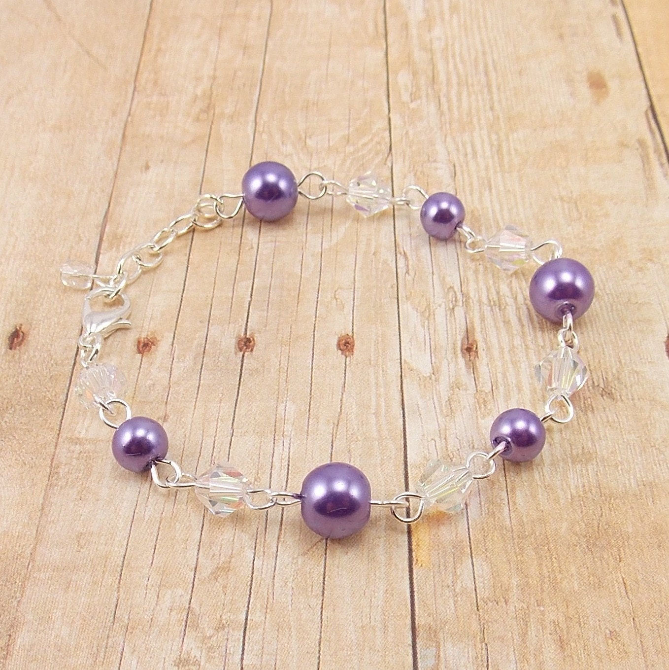 Beaded Bracelet - Violet Purple Glass Pearls - Adjustable - Medium Purple - Grape