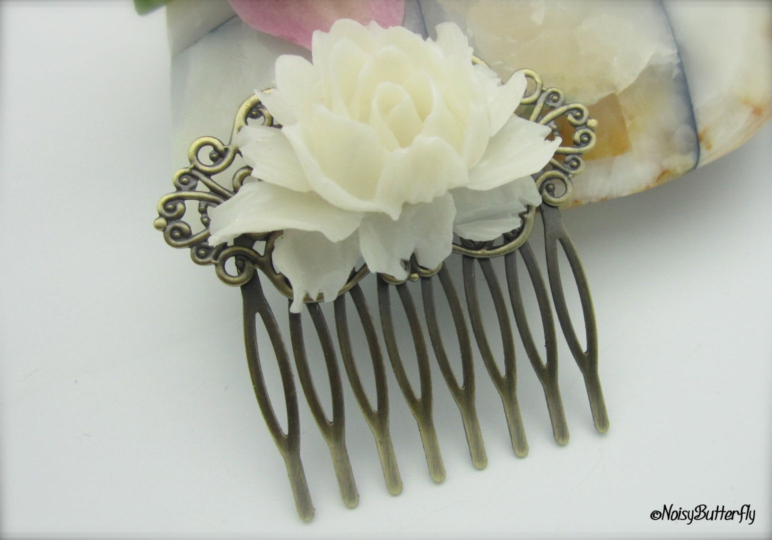 OTHERWISE ENGAGED - Ivory Rose Cabochon Secured To A Stunning Brass Filigree Haircomb