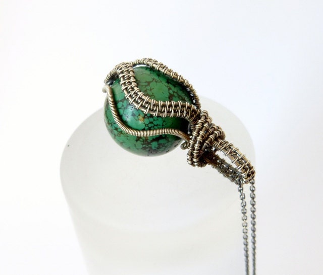 Green turquoise statement necklace, sterling silver wrapped pendant, natural jewelry, OOAK necklace