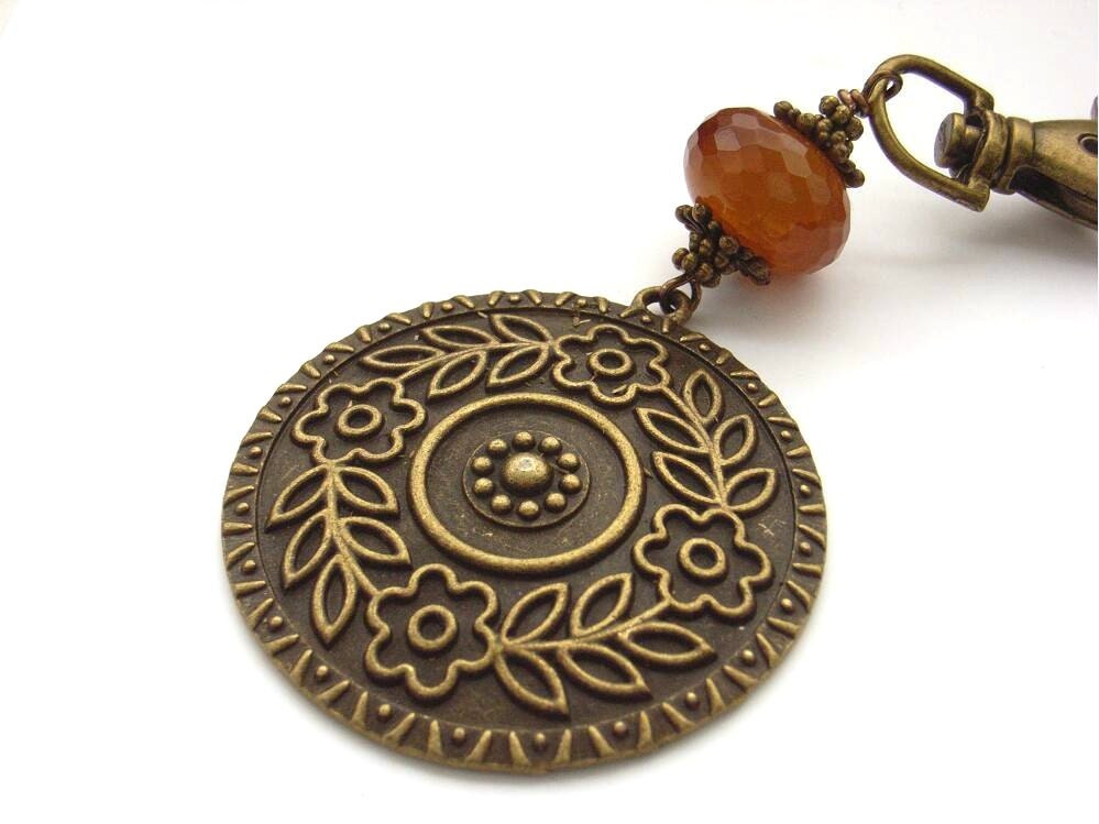 Bag charm large floral disc coffee agate gemstone bead