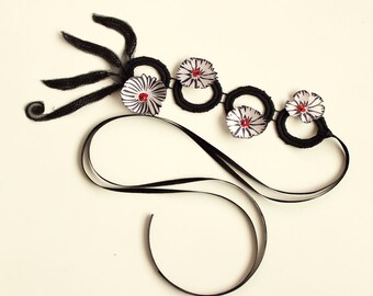 Black Summer Necklace: Stylised Mermaid with Lightweight Guipure. Unique Design. Handmade