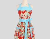 Womens Bib Full Apron / Personalized or Monogrammed this Cute Handmade Retro Modern Kitchen Apron in a Red Background with Creamy Mod Floral