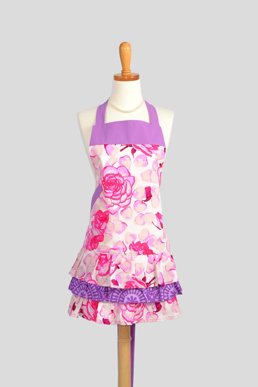 Ruffled Retro Apron - Spring Pink Floral with Lavender Trim and Ruffles Cute Handmade Womens Apron