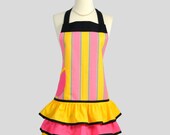 Ruffled Retro Apron : Flirty Full Womens Handmade Apron  Ruffled Vintage Style Skirt in Yellow and Pink Stripes with Black Trim