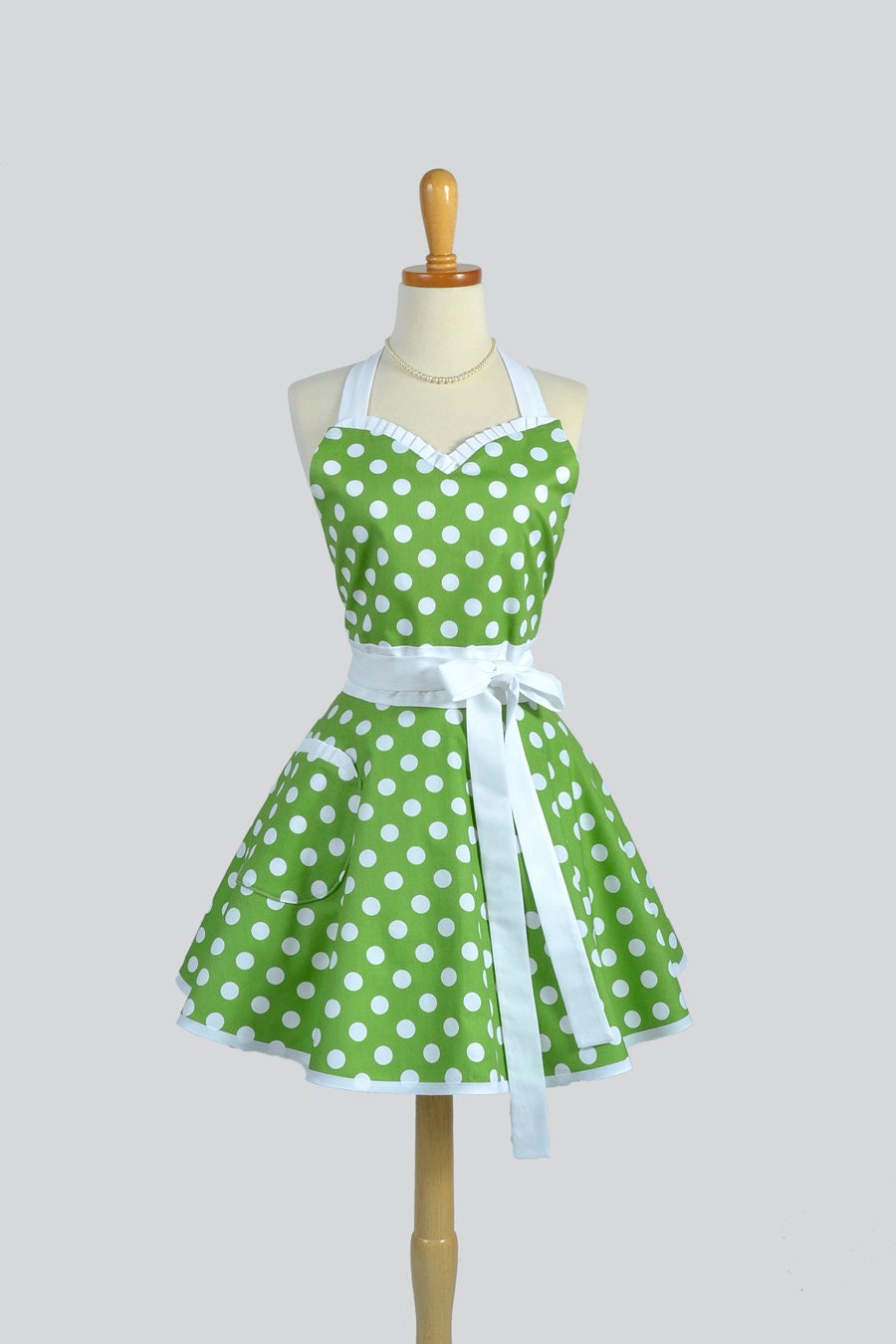 Sweetheart Retro Apron . Sexy  Womens Apron Green and White Dot Cute Full Kitchen Apron