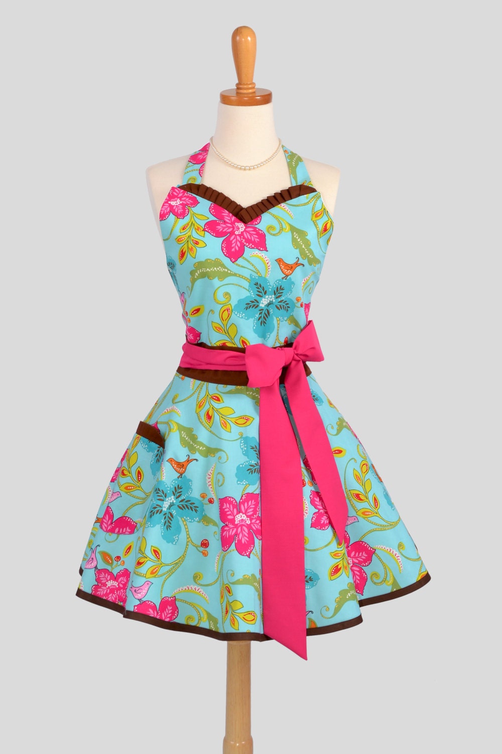 Sweetheart Retro Apron : Handmade Ruffled Floral in Song Bird Jewel with Brown and Hot Pink Trim