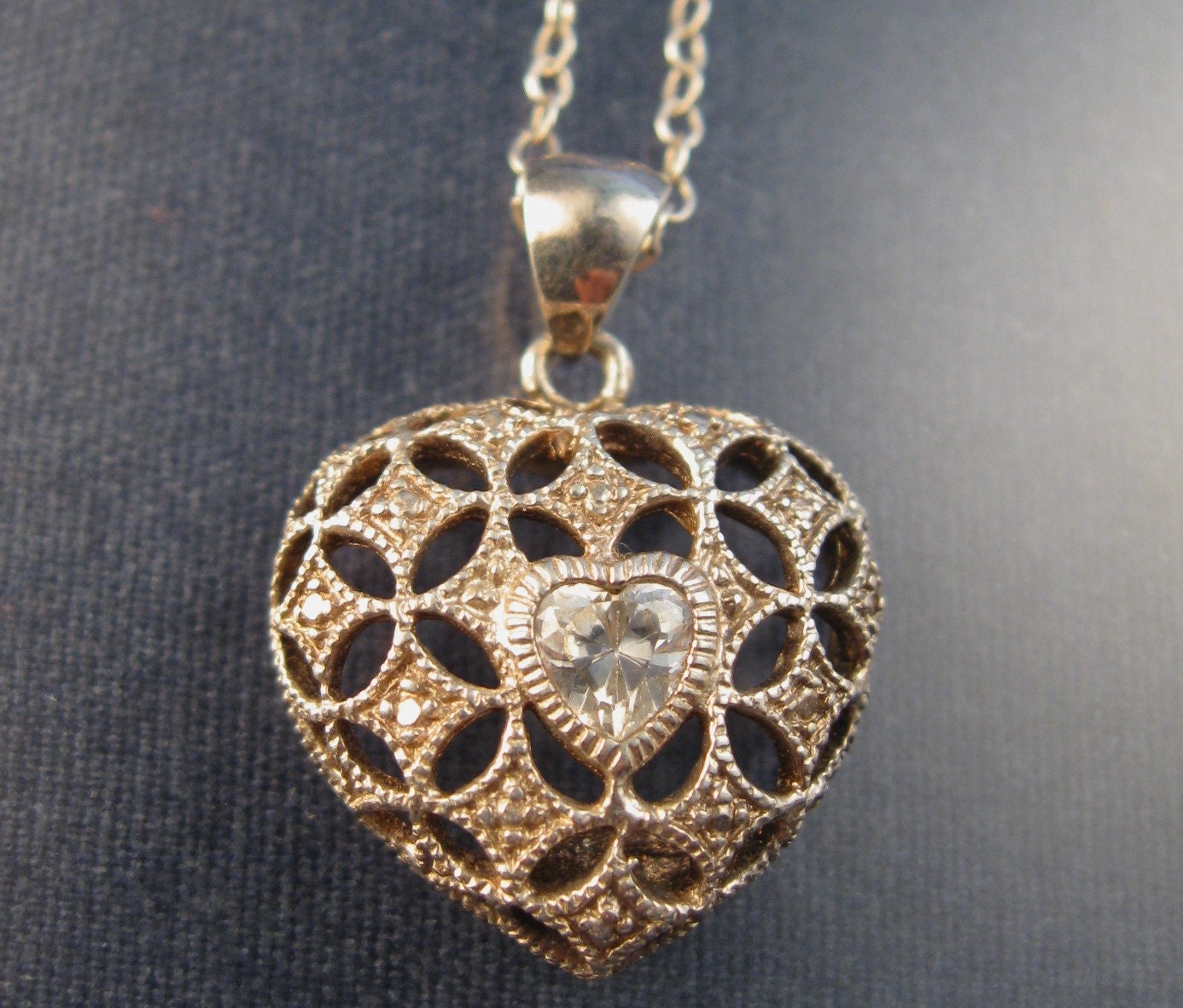 Sterling Heart Rhinestone Necklace Openwork Design Avon NV