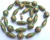Venetian Green Wedding Cake Gold Bead Necklace - Vintage