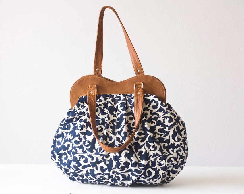 Floral purse , shoulder bag in Blue cotton canvas  and Brown leather - Iris bag