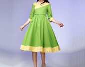 Green linen Ethnic patchwork  midi dress (540)