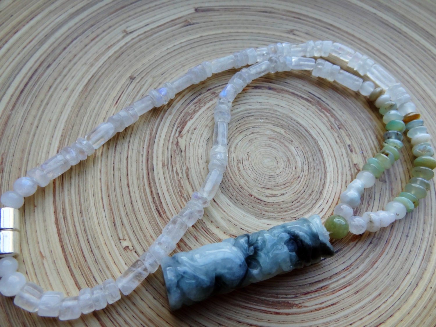 Jade Snake Dragon Pillar Rainbow Moonstone Peruvian Opal Third Eye Chakra Necklace