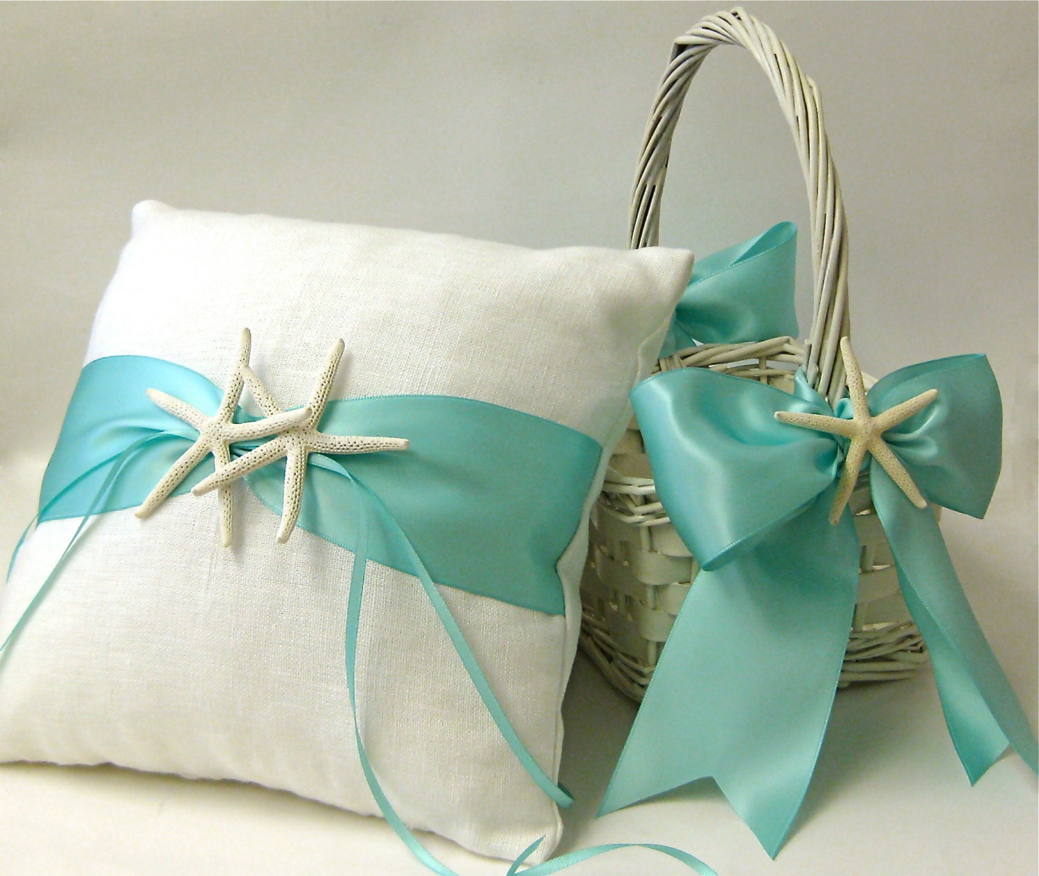 Beach Wedding Linen Ring Bearer Pillow and Flower Girl Basket with Sand Dollars or Starfish and Aqua, Ivory or White Ribbon