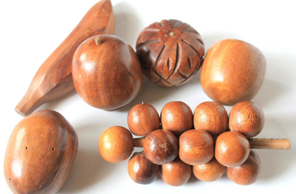 Chic Mid Century Vintage Hand Carved Wooden Fruit Set of Six by Uptown Vintage