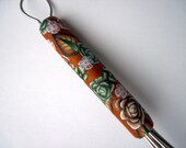OOAK - Large Whisk with Polymer Clay Handle.  Golden Bronze Color with brown and green flowers