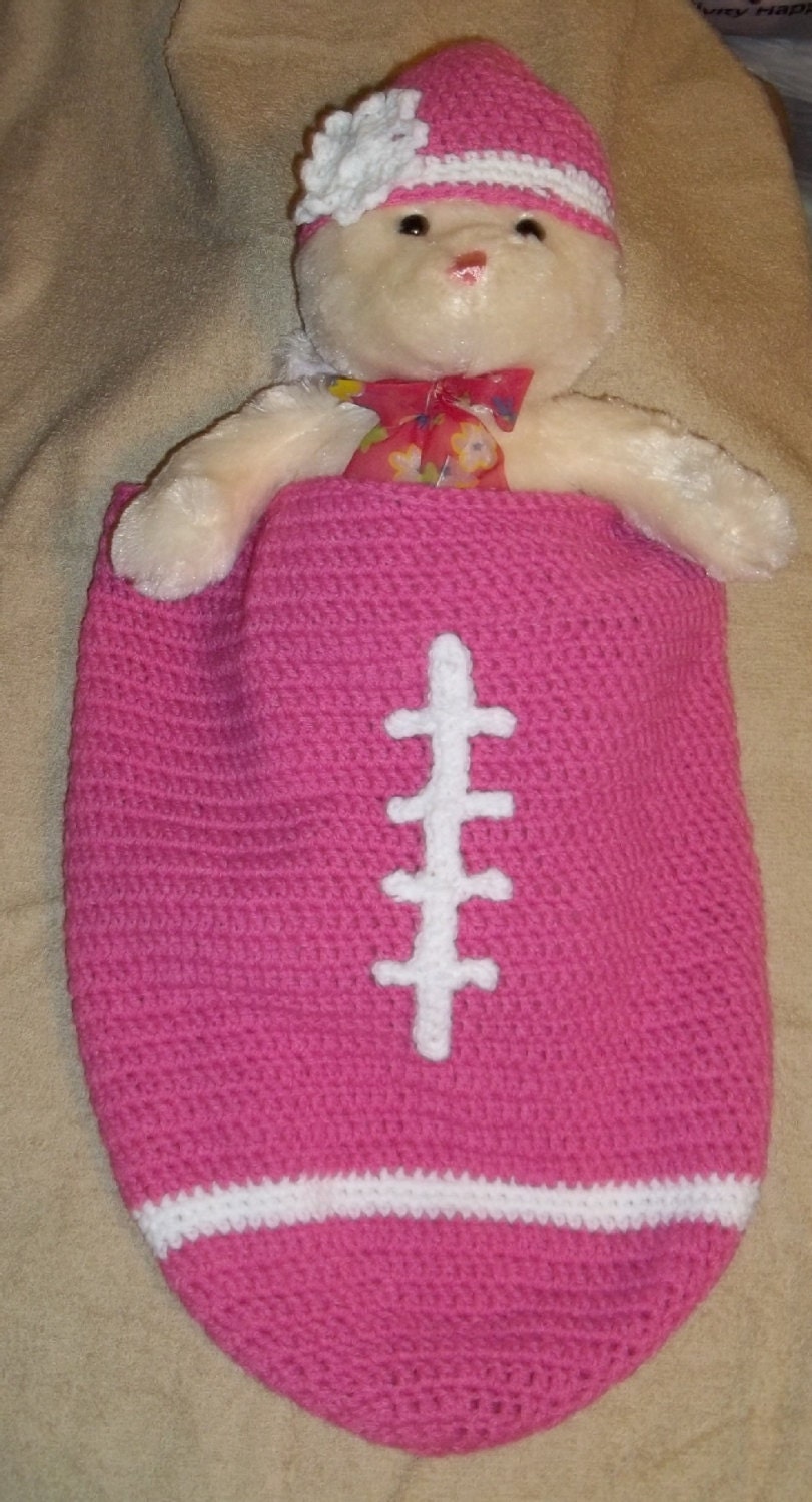 Handmade Crochet Baby Cocoon Swaddling Blanket and Hat-Infant Girl Pink Football