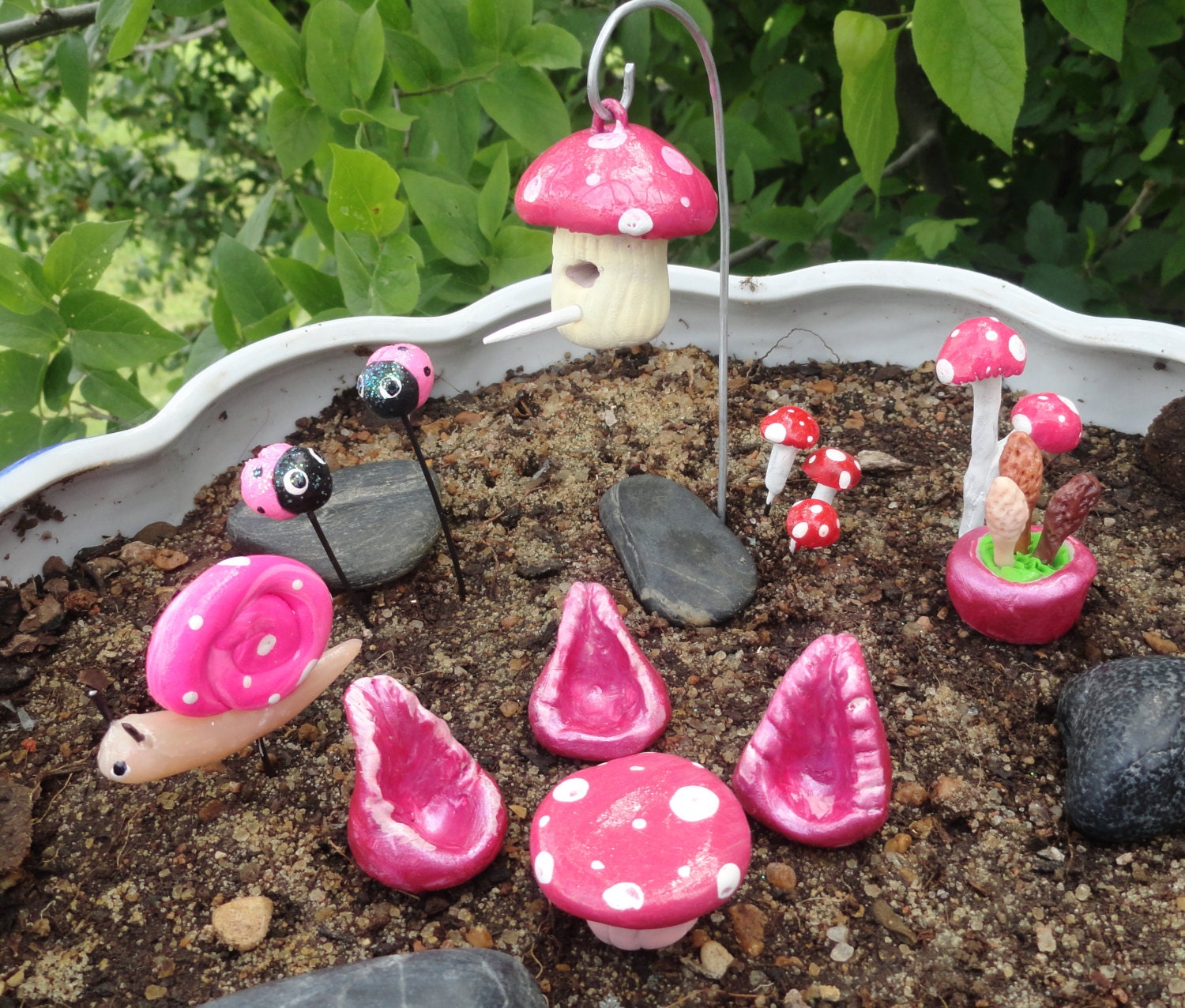 huge miniature fairy garden set. fairy table and chairs bird house fairy snail mini mushrooms fairyland ladybugs and planter