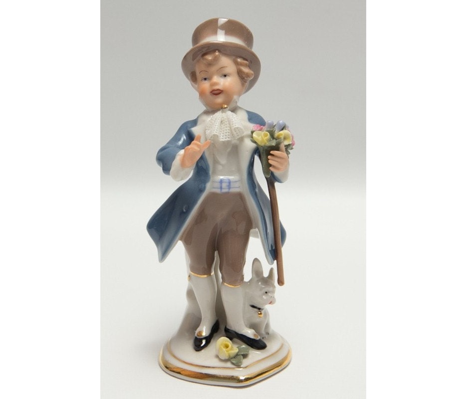 Rare Vintage Dresden French Bulldog and Fancy Boy Porcelain China Frenchie Figurine