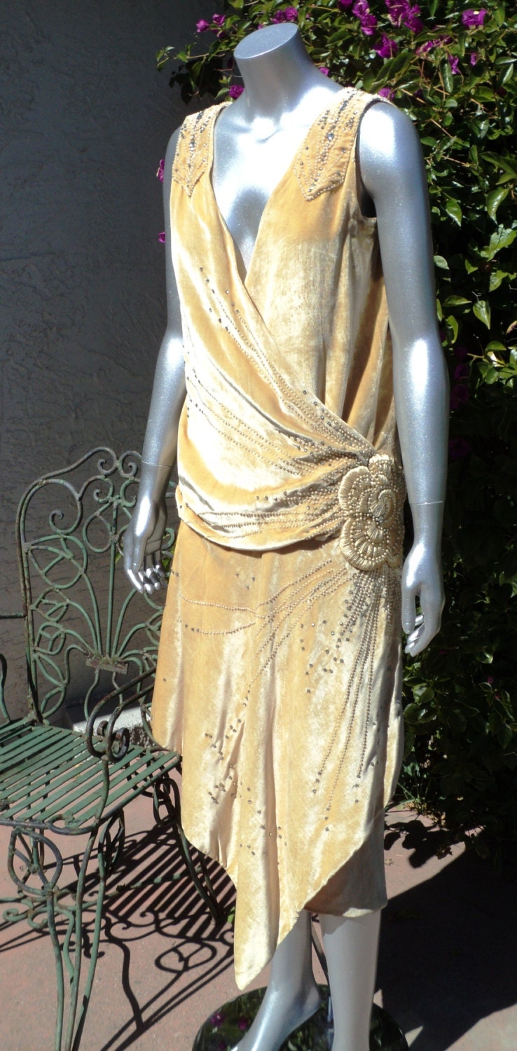 1920s Silk Velvet Beaded Dress with Pearls and rhinestones 3D flower Drop waist Art Deco Fully restored Lay Away available