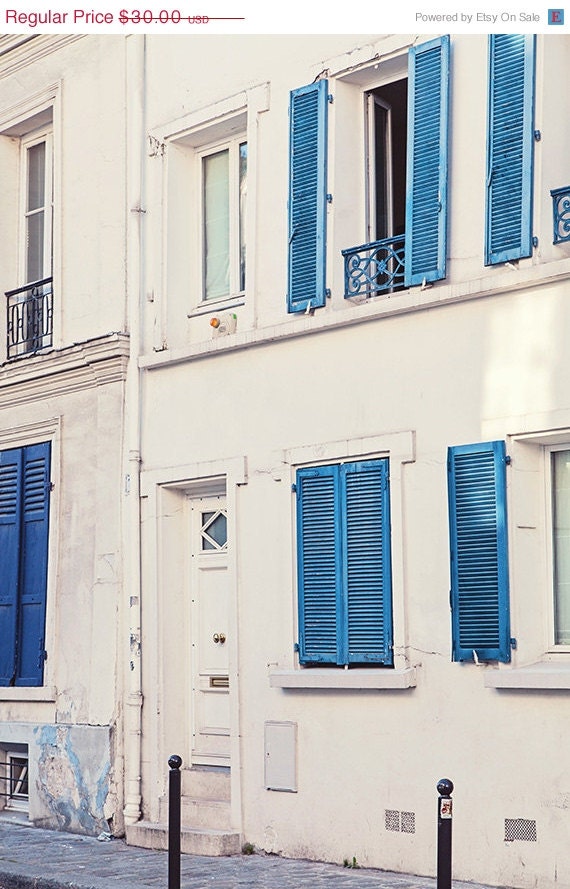 ON SALE Teal Blue Window Shutters Montmartre Paris Photography Print, Fine Art Travel Decor Photography, Architecture Photograph - Bleu (8x