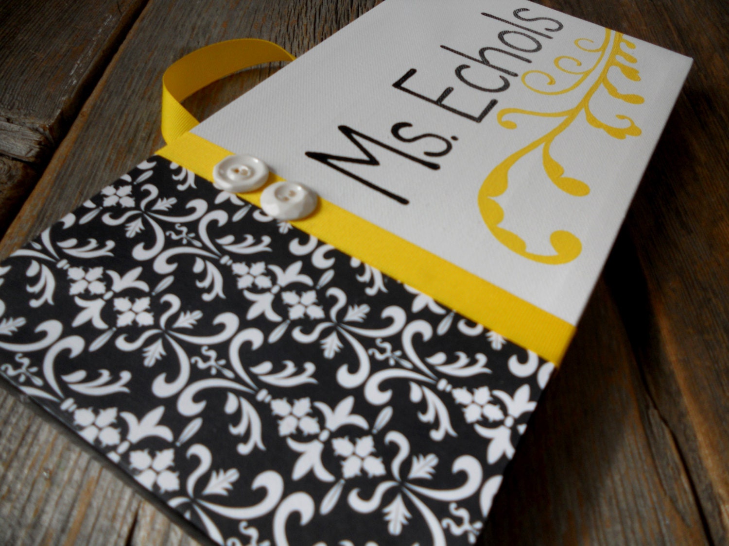 SALE Teacher's room sign, 6x12 stretched canvas, black and white damask and yellow ribbon