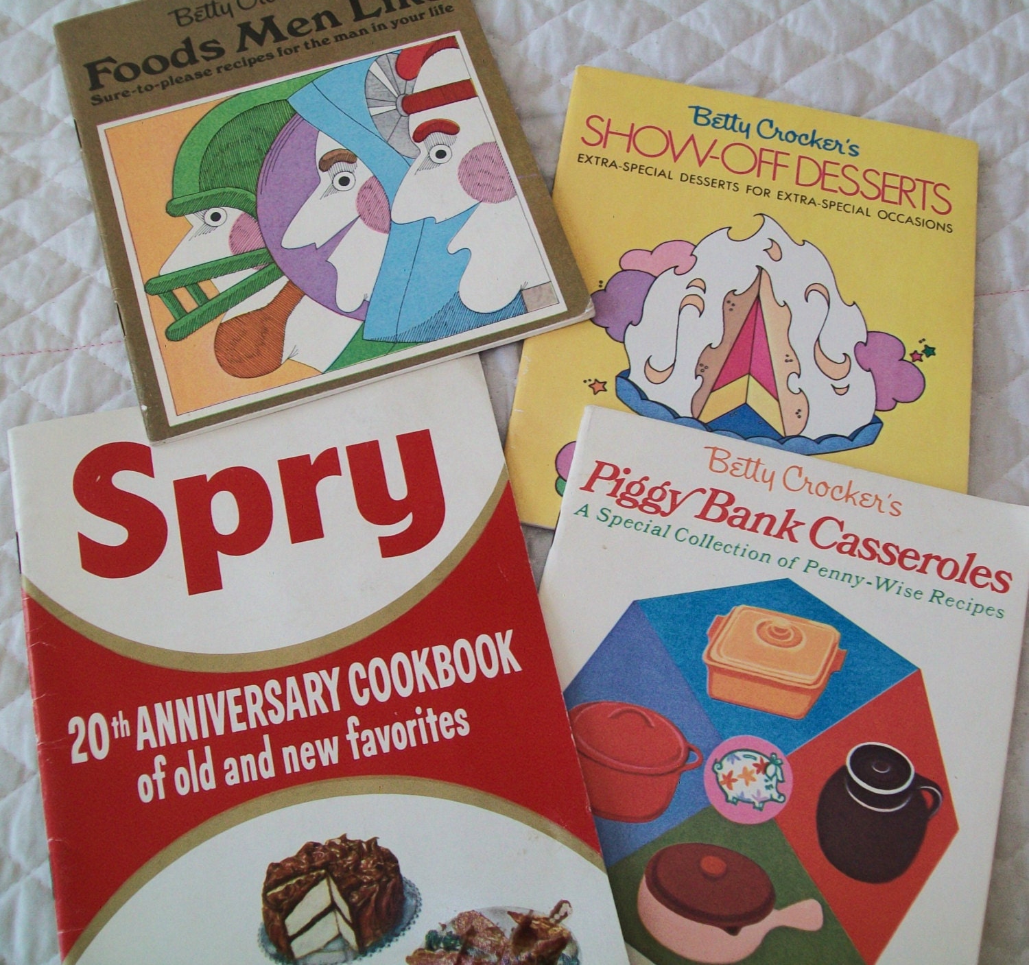 4 cookbooks, booklets, Spry, 1950s, Betty Crocker, 1970, recipes, Spry anniversary cookbook, kitchen, book, vintage, midcentury, 1970s