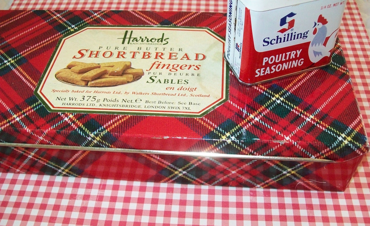 2 Vintage metal containers, red plaid, box, spice can, Harrods, Stewart plaid, Schilling, poultry, hen, chicken, 1993, 1960s
